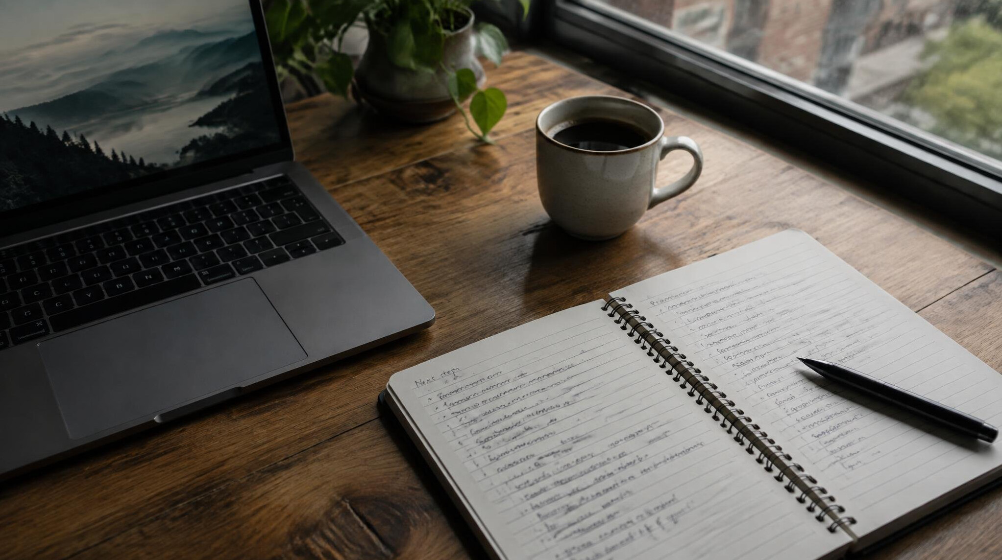 Journalist typing notes on a laptop beside a notebook and coffee